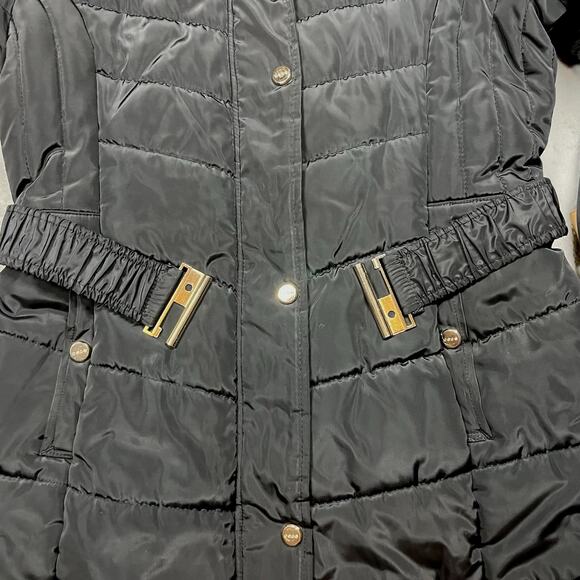 Bebe Long Black Puffer Coat Belted Gold Accents Womens L Double Zipper Hooded - Picture 11 of 16